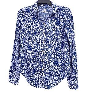 Lilly Pulitzer Lobster Coral Print Long Sleeve Shirt Womens Size XS Blue White